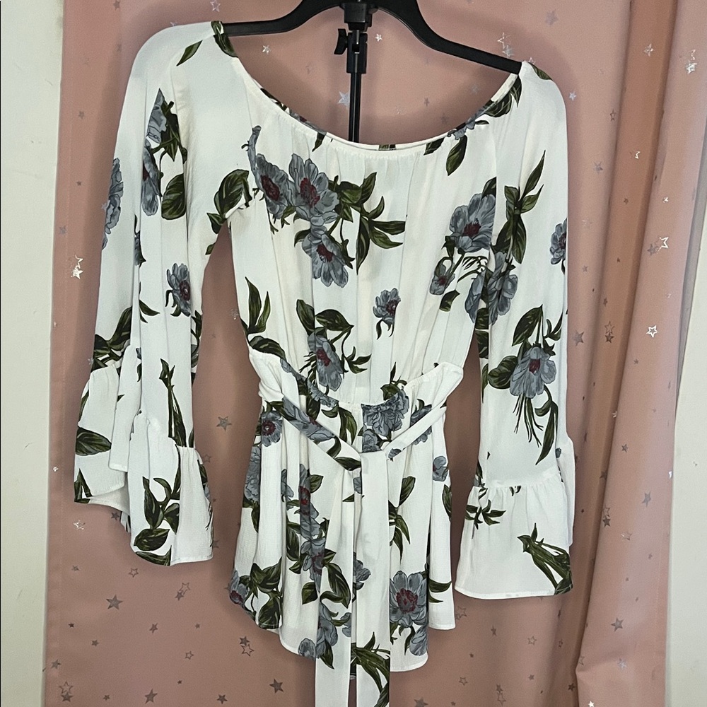 Fashion Nova Floral Off-Shoulder Romper with Bell Sleeves